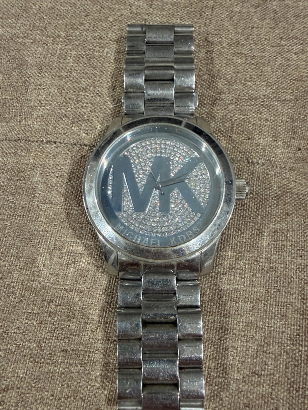VINTAGE -Michael Kors Runway Silver MK Crystal Logo Bracelet Watch